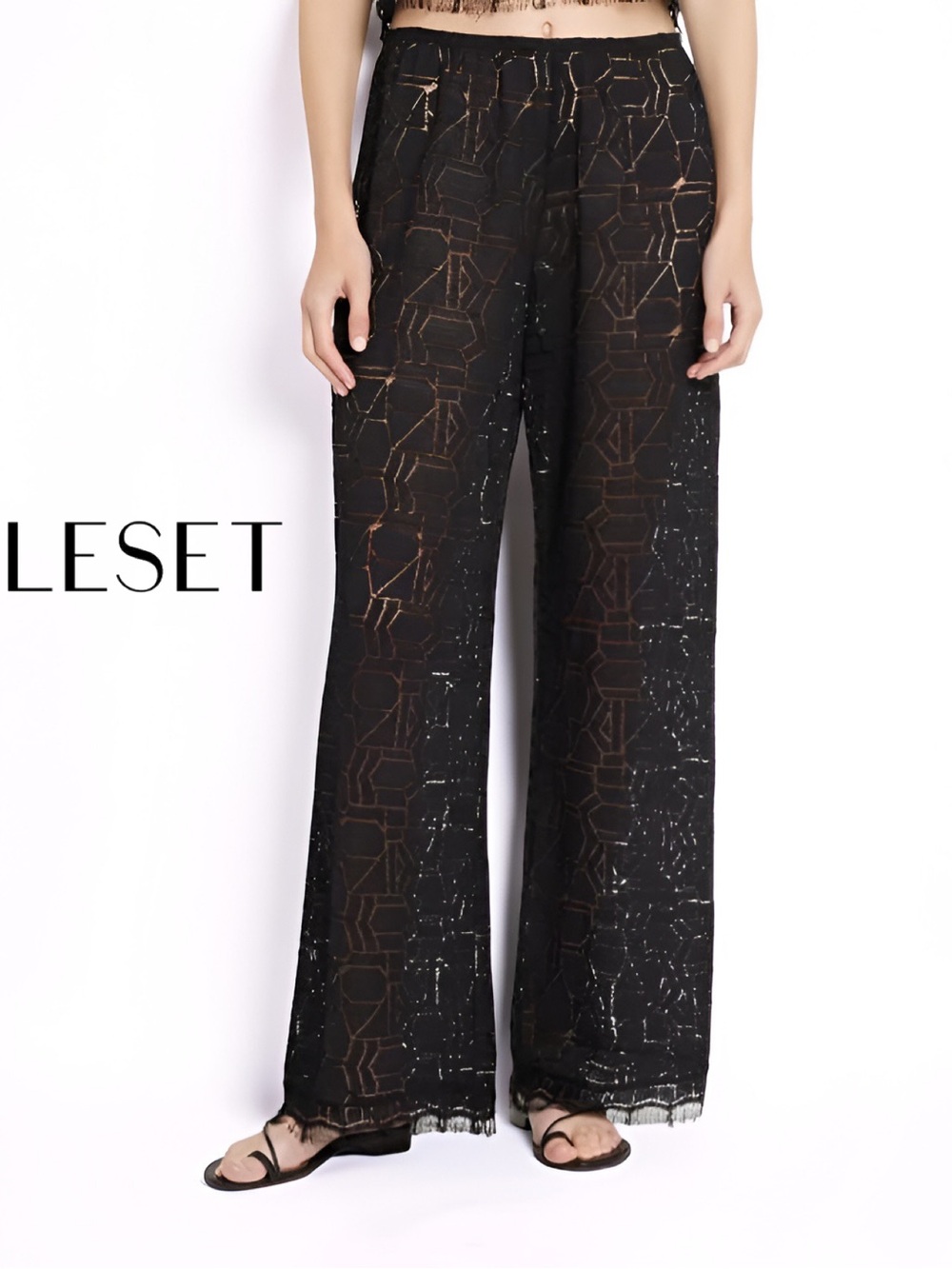 LESET Black Daniel Lace Wide-Leg Pants
